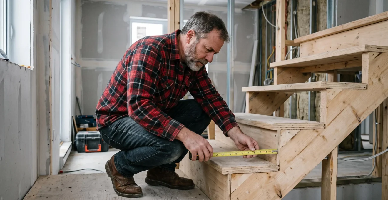Entrepreneur certifié RBQ prenant des mesures sur un escalier lors d'une consultation de rénovation résidentielle au Québec.