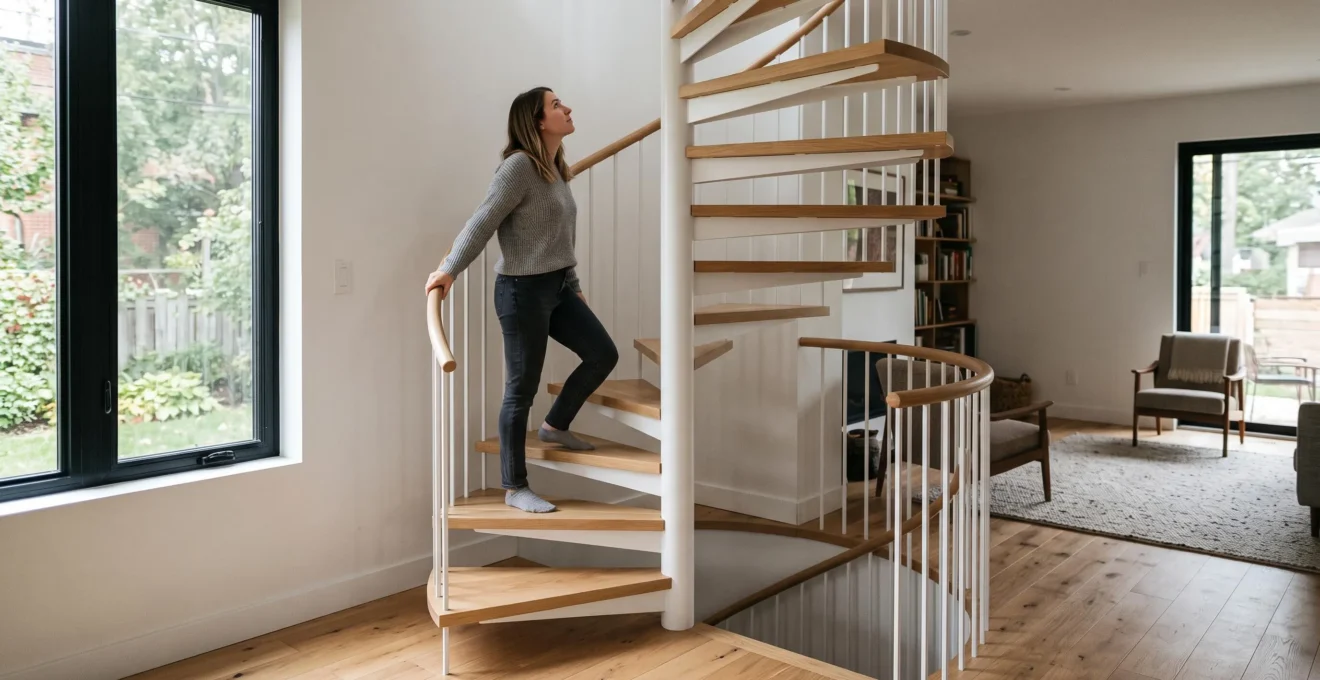 Escalier hélicoïdal moderne installé dans un intérieur résidentiel canadien montrant sa structure compacte en spirale.