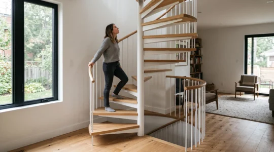 Escalier hélicoïdal moderne installé dans un intérieur résidentiel canadien montrant sa structure compacte en spirale.