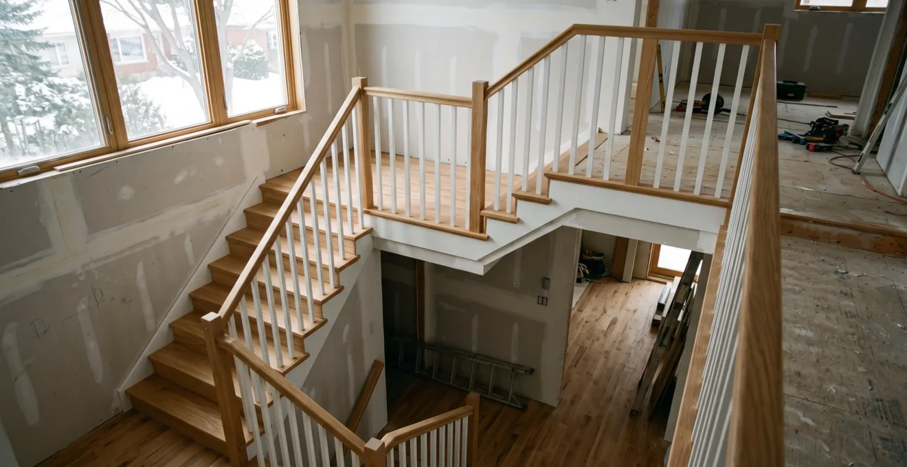 Escalier quart tournant avec palier intermédiaire montrant sa configuration en L dans une résidence canadienne.