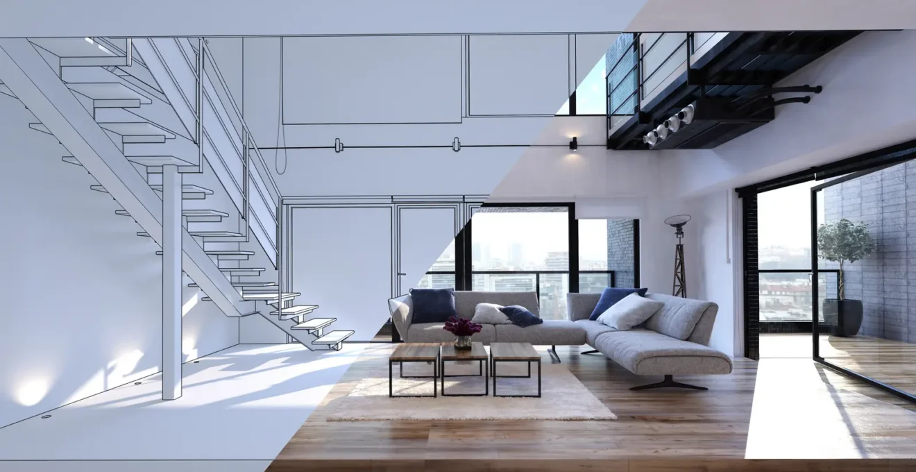 Escalier quart tournant avec palier intermédiaire montrant sa configuration en L dans une résidence canadienne.