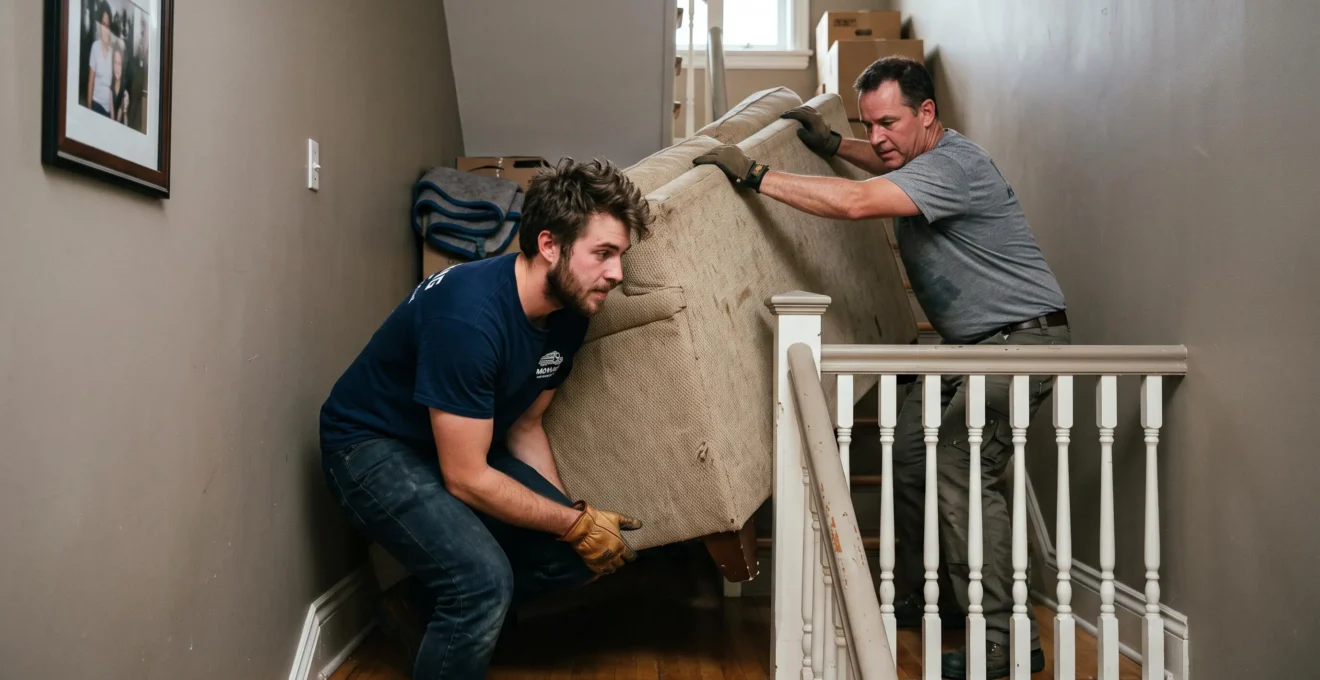 Deux déménageurs transportant un canapé dans un escalier résidentiel québécois montrant les contraintes de passage.