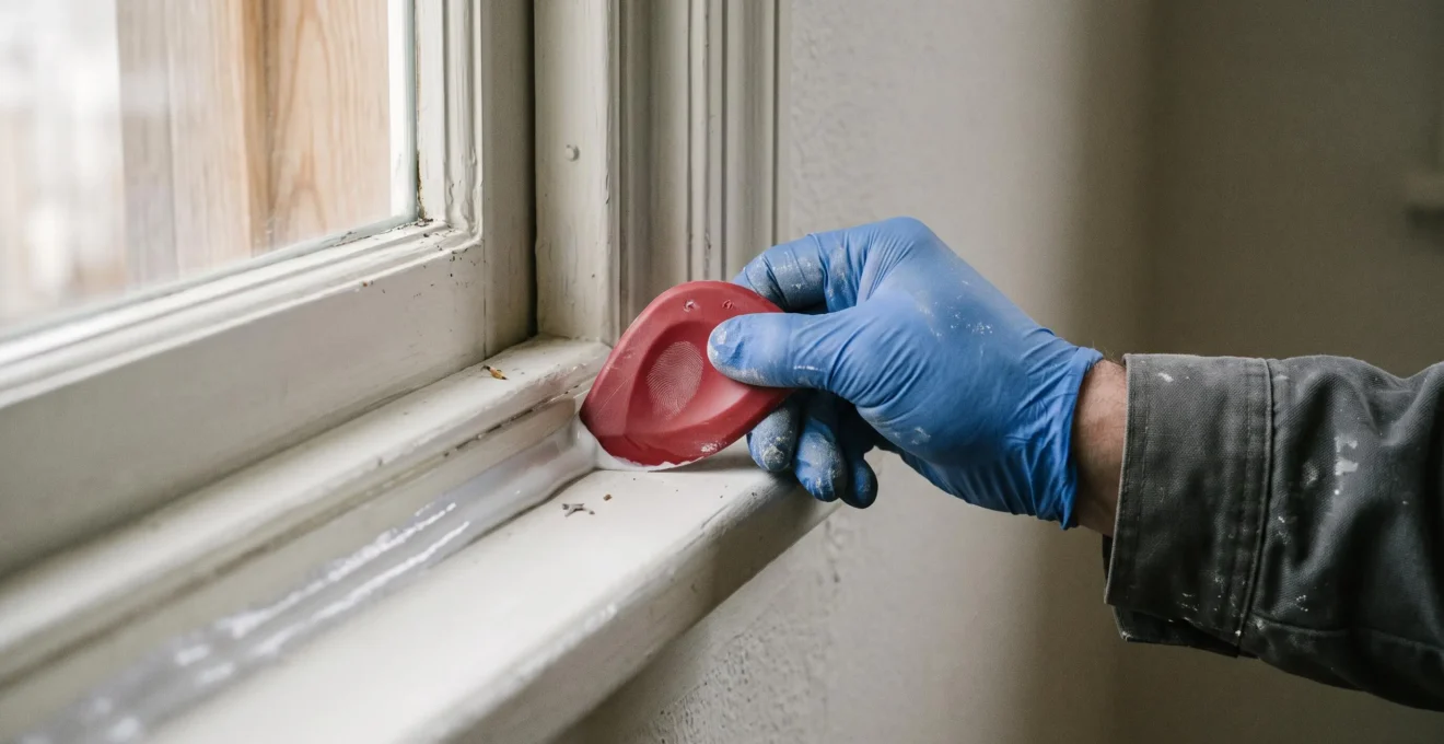 Finition professionnelle d'un joint de calfeutrage fraîchement appliqué sur un cadre de fenêtre