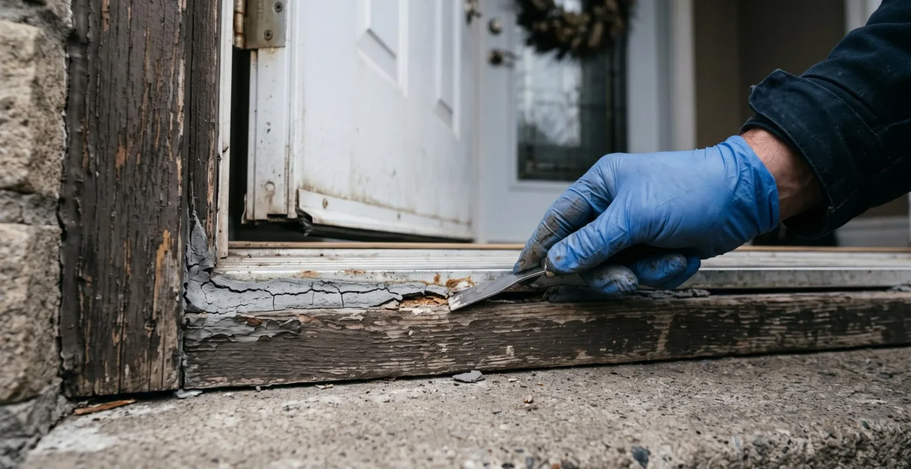 Inspection détaillée d'un joint de calfeutrage détérioré sur le cadre d'une porte résidentielle