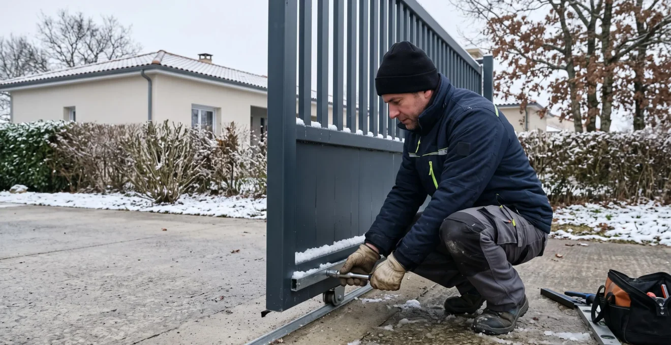 Installateur professionnel en train de travailler sur l'installation d'un portail coulissant automatique pendant l'hiver, équipé de vêtements de travail adaptés au froid.