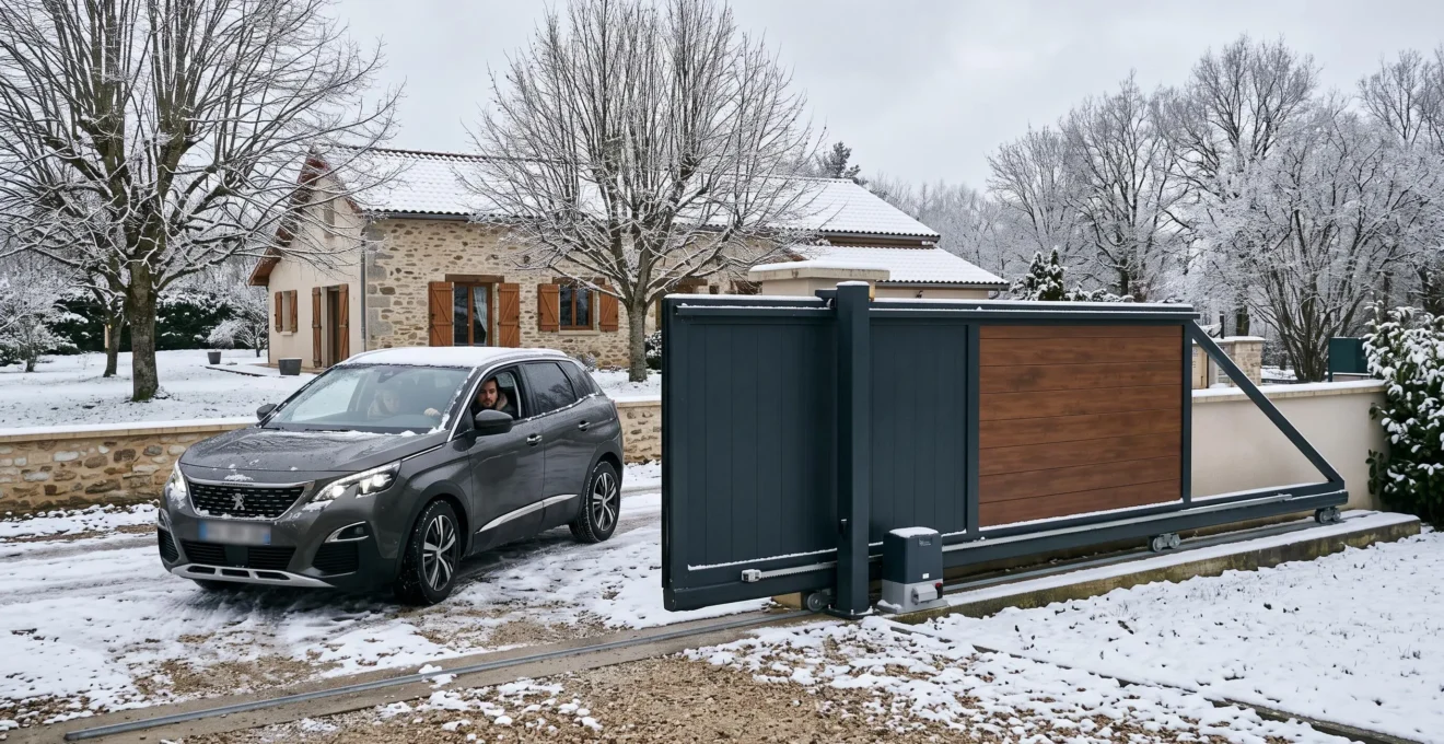 Portail coulissant automatique en train de s'ouvrir devant une voiture en hiver, avec de la neige au sol et un conducteur attendant confortablement dans son véhicule.