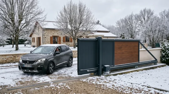 Portail coulissant automatique en train de s'ouvrir devant une voiture en hiver, avec de la neige au sol et un conducteur attendant confortablement dans son véhicule.
