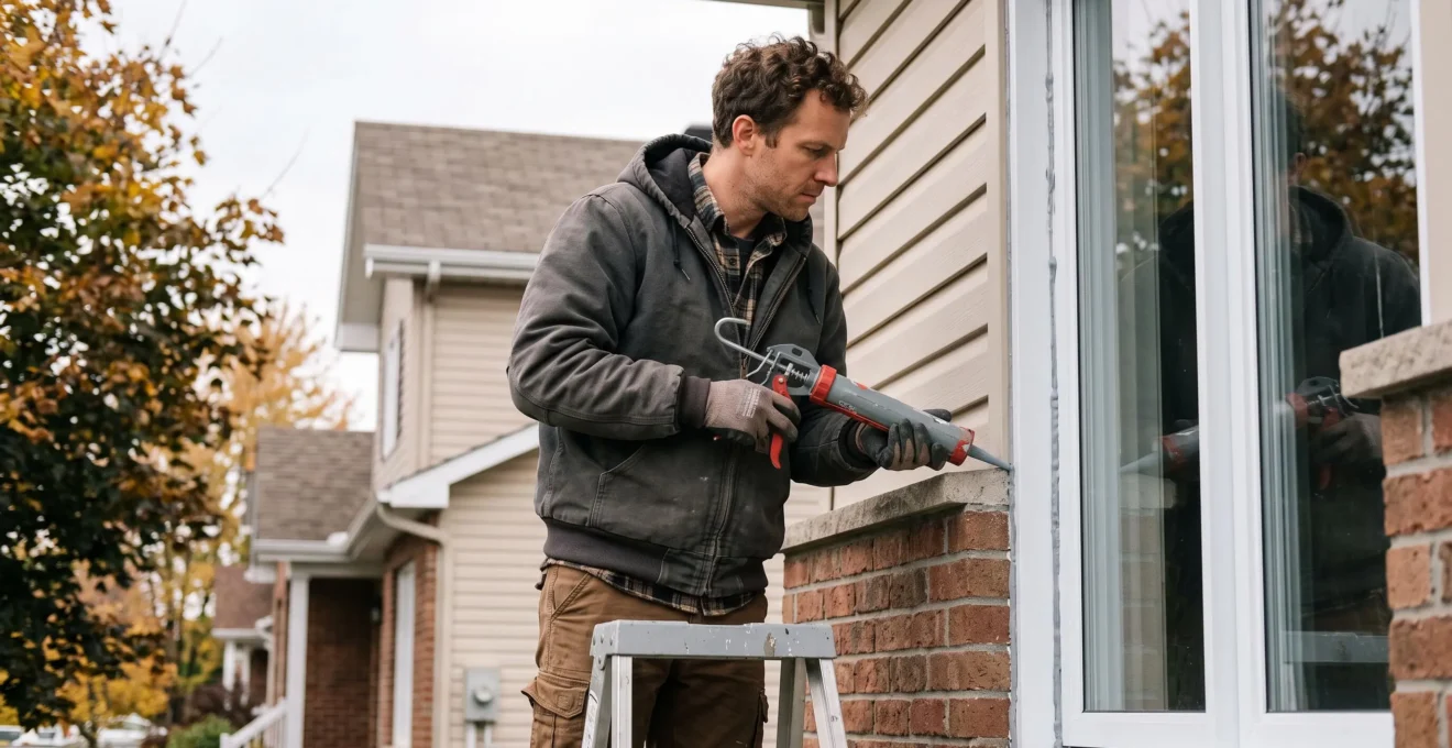 Spécialiste en calfeutrage appliquant du scellant autour d'une fenêtre sur une maison résidentielle québécoise