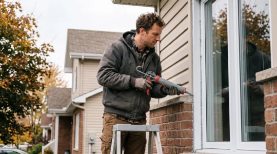 Spécialiste en calfeutrage appliquant du scellant autour d'une fenêtre sur une maison résidentielle québécoise